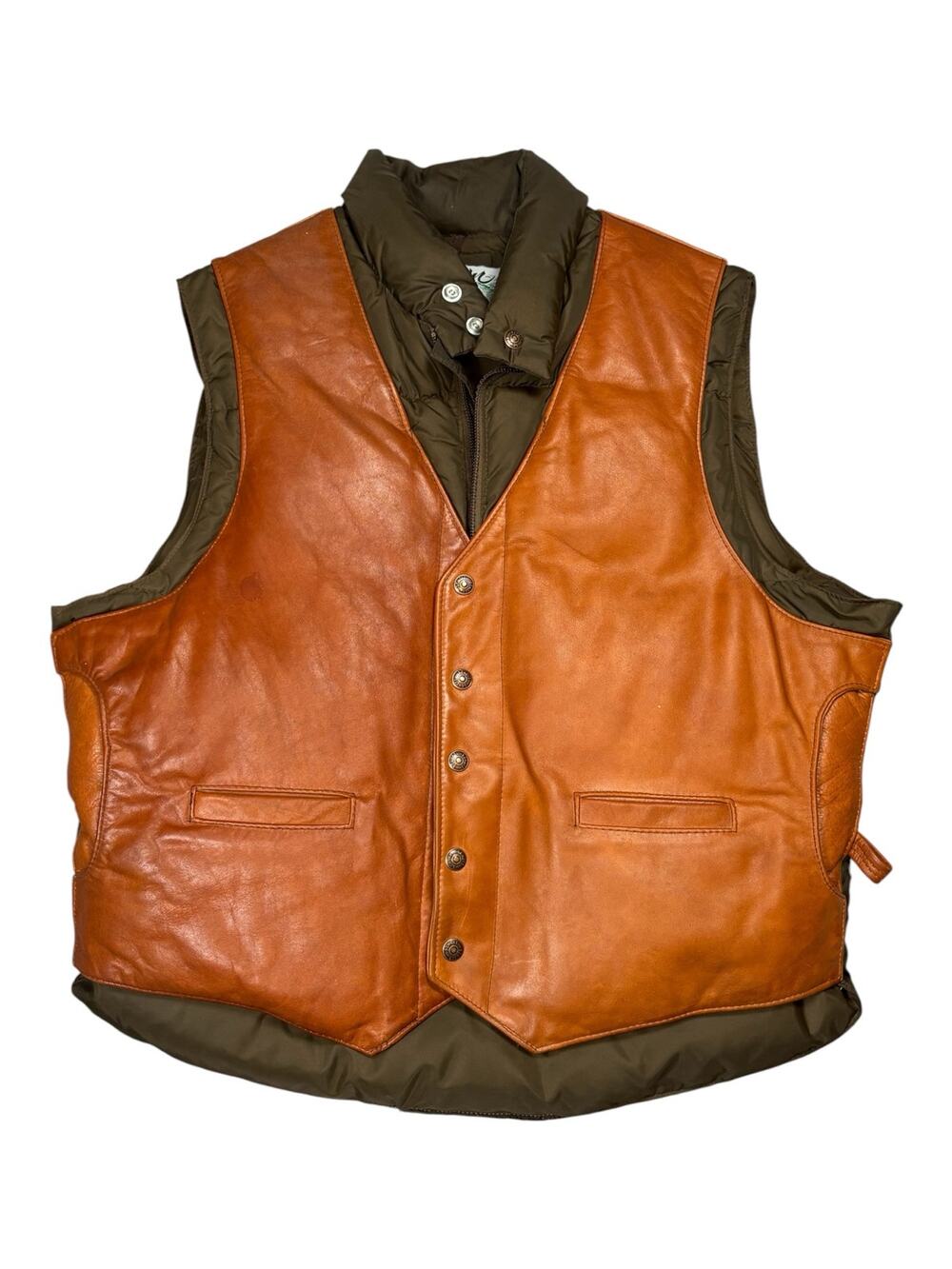Vtg 90s Schott Leather Down Full Zip Insulated Vest Men's 46/XL Brown Outdoor